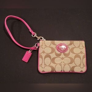 Classic Coach Wristlet - Signature Brown Canvas with Pop of Pink Colour